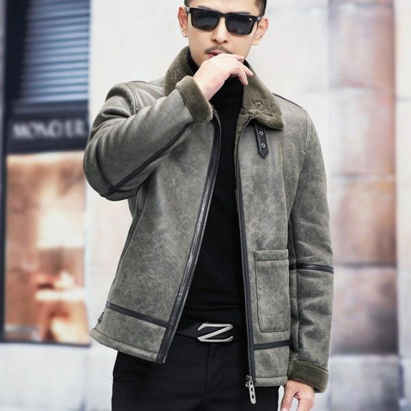 men's leather & faux quality men winter real fur jacket biker slim fit warm sheep shearling overcoat business casual thick wool lining, Black
men's leather & faux quality men winter real fur jacket biker slim fit warm sheep shearling overcoat business casual thick wool lining, Black
