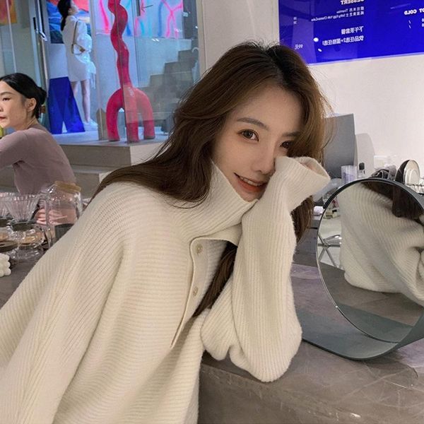 women's sweaters 2021 autumn and winter high-necked sweet cute pullover sweater button design lazy knit loose outer wear women, White;black
women's sweaters 2021 autumn and winter high-necked sweet cute pullover sweater button design lazy knit loose outer wear women, White;black