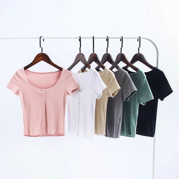 women's t-shirt single-breasted thread short-sleeved spring summer the low-necked cardigan slim short paragraph, White
women's t-shirt single-breasted thread short-sleeved spring summer the low-necked cardigan slim short paragraph, White