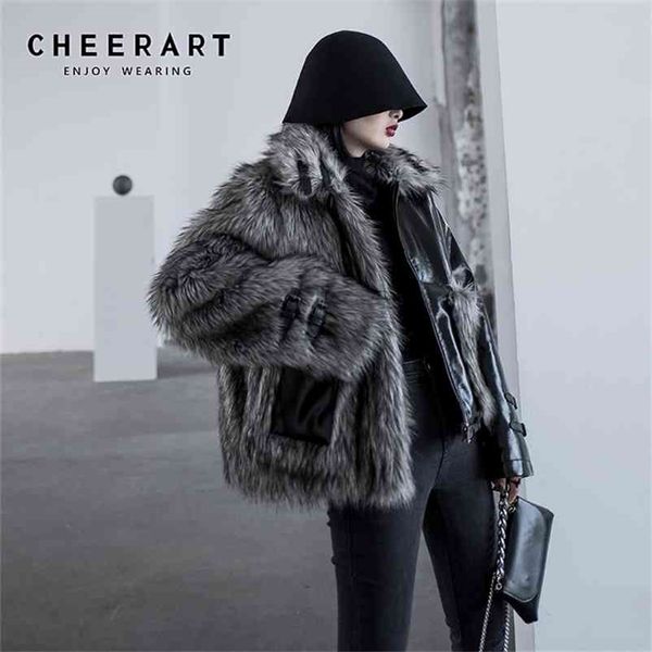 winter faux fur coat women black fox collar patchwork leather designer jacket fashion 210427
winter faux fur coat women black fox collar patchwork leather designer jacket fashion 210427