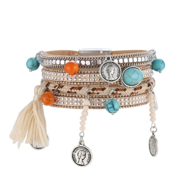 charm bracelets women's leather bracelet, hanging coin, hand-braided ethnic couture coin multi-layer gift., Golden;silver
charm bracelets women's leather bracelet, hanging coin, hand-braided ethnic couture coin multi-layer gift., Golden;silver