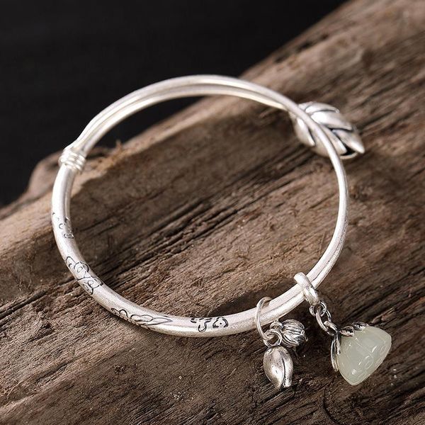 bangle silver inlaid natural an white chalcedony lotus blossom bracelet chinese classical elegant lady adjustable brand jewelry, Black
bangle silver inlaid natural an white chalcedony lotus blossom bracelet chinese classical elegant lady adjustable brand jewelry, Black