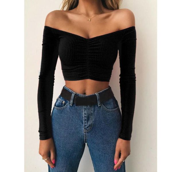 women casual off shoulder long sleeve pullover t-shirt autumn solid color draped crop tee women's, White
women casual off shoulder long sleeve pullover t-shirt autumn solid color draped crop tee women's, White