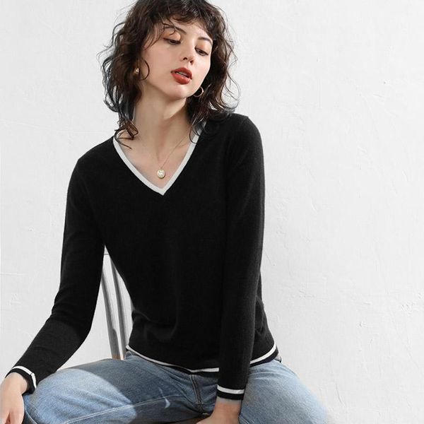 women's sweaters 2021 minimalist hit color v-neck sweater women streetwear knitted female pull femme hiver casual pullover jumper, White;black
women's sweaters 2021 minimalist hit color v-neck sweater women streetwear knitted female pull femme hiver casual pullover jumper, White;black