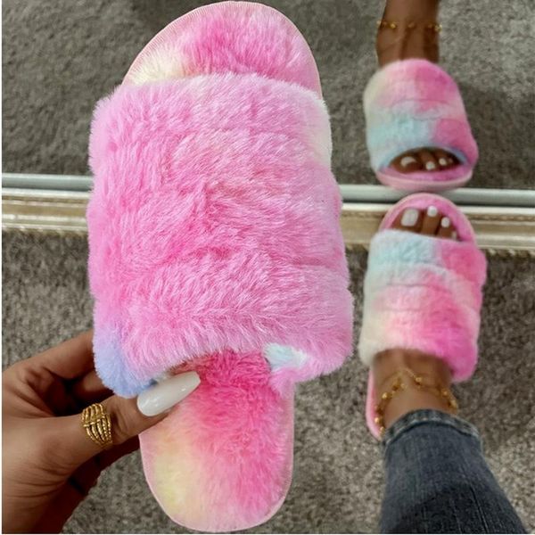 sandals women's 2021 fur slippers home fashion cute flat shoes 36-41, Black