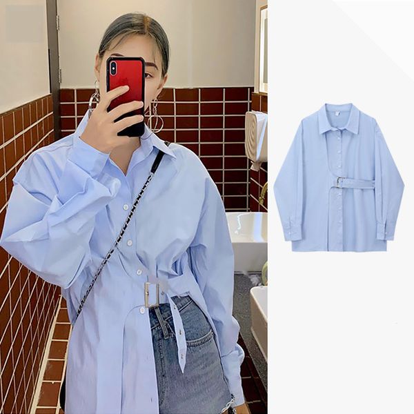 women's blouses & shirts 2021 spring summer women with belt turn down collar long sleeve casual woman fashion spliced female, White
women's blouses & shirts 2021 spring summer women with belt turn down collar long sleeve casual woman fashion spliced female, White
