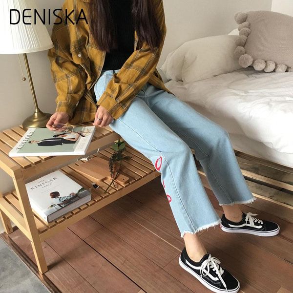 women's jeans deniska spring straight ankle-length pants casual loose women high waist solid female bule printing denim trou, Blue
women's jeans deniska spring straight ankle-length pants casual loose women high waist solid female bule printing denim trou, Blue