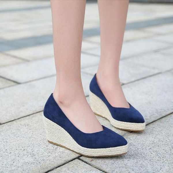 wedges shoes for women point toe high heel platform straw casual dress, Black