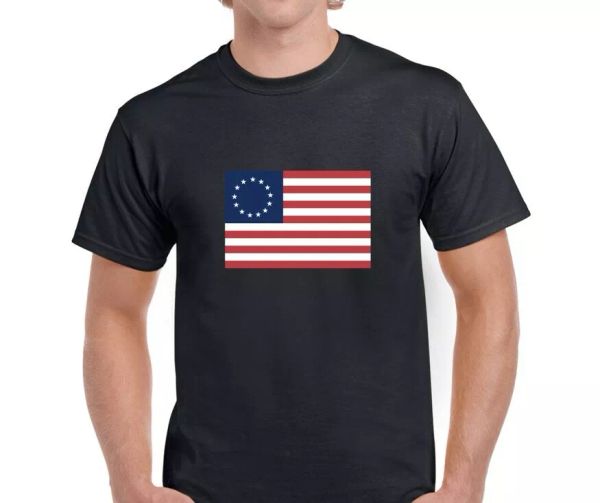 betsy ross historic colonial flag 13 star american usa black cotton t-shirt, White;black
betsy ross historic colonial flag 13 star american usa black cotton t-shirt, White;black