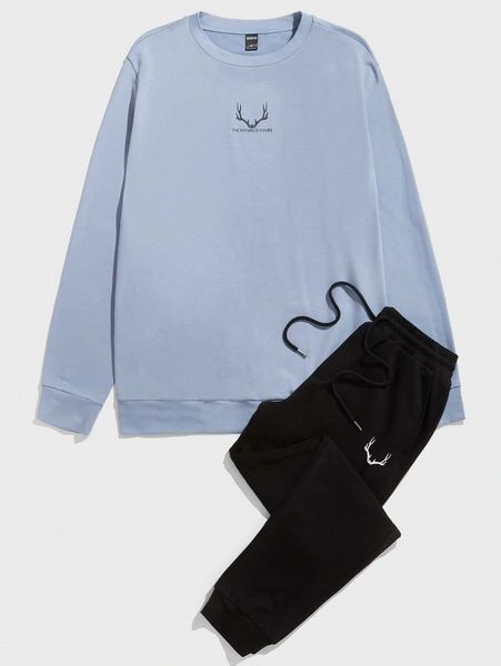men antler & slogan graphic pullover & drawstring waist sweatpants u1rq#, Gray