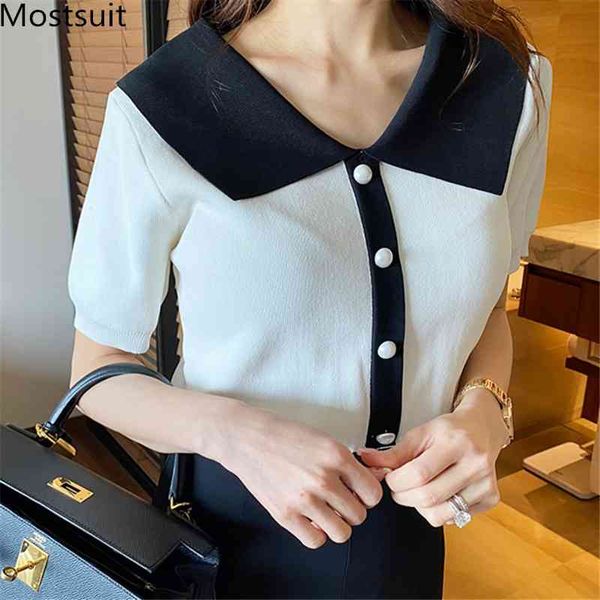 summer korean elegant knitted tshirts women short sleeve turn-down collar color-blocked single-breasted fashion 210518, White
summer korean elegant knitted tshirts women short sleeve turn-down collar color-blocked single-breasted fashion 210518, White