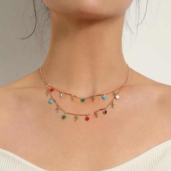 chokers colorful heart alloy cross double chains necklaces for women gold color clavicle chain 2021 fashion jewelry short necklace, Golden;silver 
chokers colorful heart alloy cross double chains necklaces for women gold color clavicle chain 2021 fashion jewelry short necklace, Golden;silver