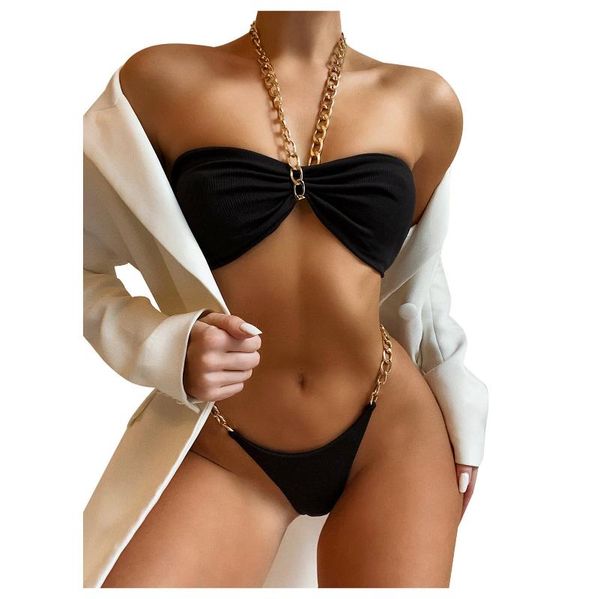 women's swimwear metal chain shoulder strap multicolor bikini split swimsuit swimming wading sports beachwear thong mini, White;black
women's swimwear metal chain shoulder strap multicolor bikini split swimsuit swimming wading sports beachwear thong mini, White;black