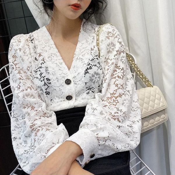 women's blouses & shirts blouse women v-neck puff sleeve lace shirt loose hollow blusas ropa de mujer, White
women's blouses & shirts blouse women v-neck puff sleeve lace shirt loose hollow blusas ropa de mujer, White