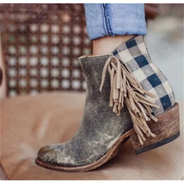 tassel plaid short boots in autumn and winter thick middle heel round head side zipper women's boots, Black
tassel plaid short boots in autumn and winter thick middle heel round head side zipper women's boots, Black