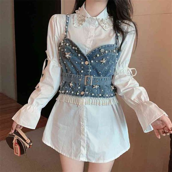 two pieces set korea chic turn down collar puff long sleeve white shirt+single-breasted beading denim vest sweet suit 210519
two pieces set korea chic turn down collar puff long sleeve white shirt+single-breasted beading denim vest sweet suit 210519