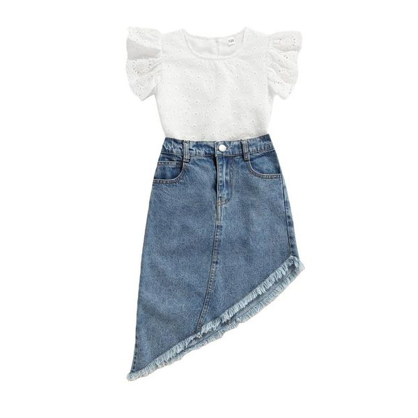 clothing sets fashion kids girls flying sleeve t-shirt + denim skirt, irregular hem decoration high waist version summer set 1-6years, White
clothing sets fashion kids girls flying sleeve t-shirt + denim skirt, irregular hem decoration high waist version summer set 1-6years, White