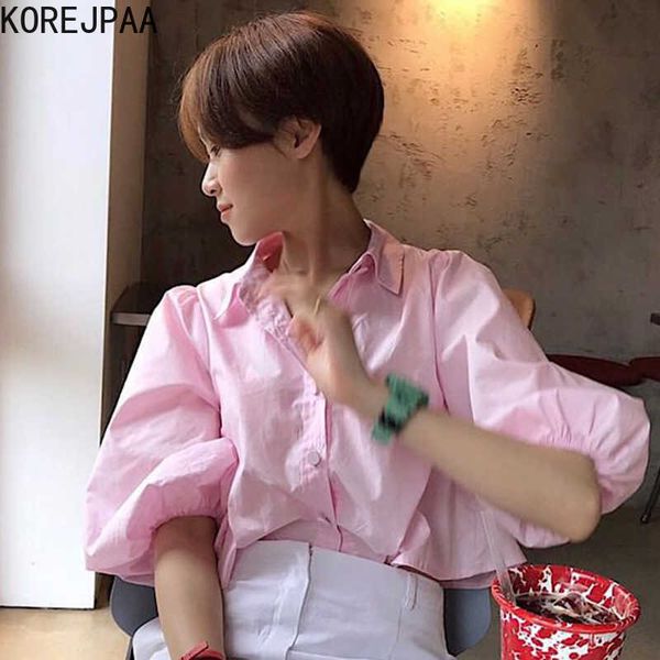 korejpaa women shirt summer korean chic ladies sweet age-reducing pink white lapel single-breasted loose puff sleeve blouse 210526
korejpaa women shirt summer korean chic ladies sweet age-reducing pink white lapel single-breasted loose puff sleeve blouse 210526