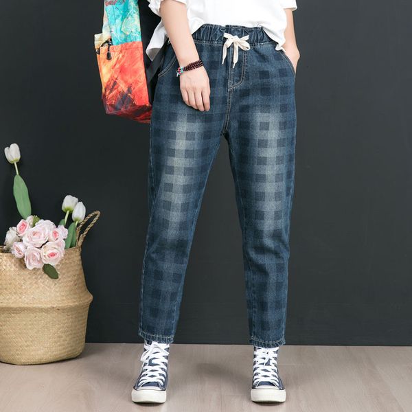 fall art style women's elastic waistline loose cotton deniharem vintage plaid pants casual jeans plus size d56, Blue
fall art style women's elastic waistline loose cotton deniharem vintage plaid pants casual jeans plus size d56, Blue