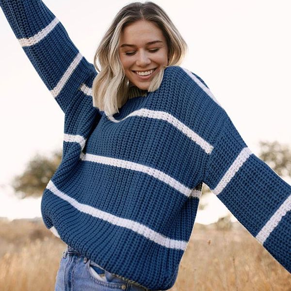 women's sweaters women round neck casual long sleeve striped print loose cable knit for spring fall, White;black
women's sweaters women round neck casual long sleeve striped print loose cable knit for spring fall, White;black