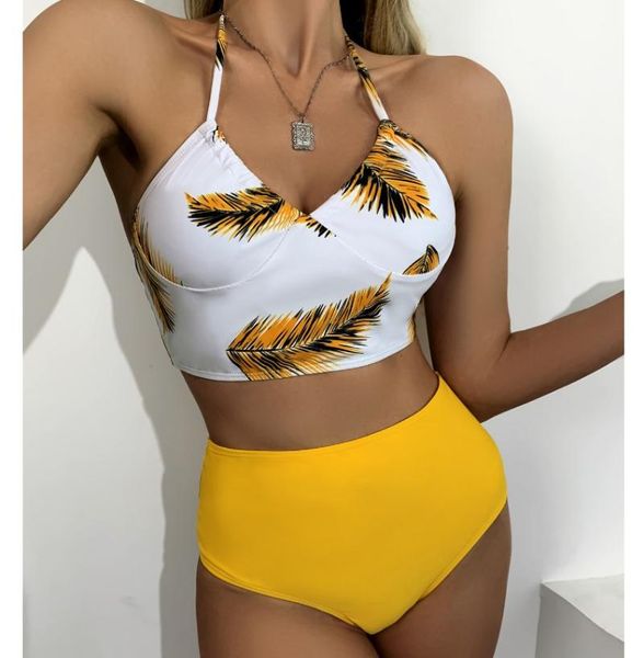 women's swimwear summer bikini set halter feather print high waist women split beachwear -40, White;black
women's swimwear summer bikini set halter feather print high waist women split beachwear -40, White;black