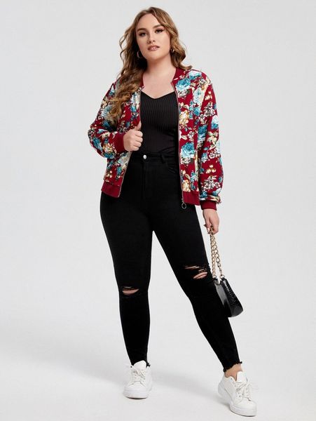 plus floral zip up bomber jacket x3jf#, Black
plus floral zip up bomber jacket x3jf#, Black