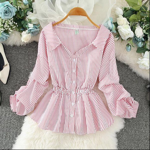 fashion striped casual womens shirts long sleeve elastic waist vintage design chic female, White
fashion striped casual womens shirts long sleeve elastic waist vintage design chic female, White