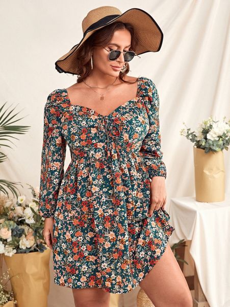 plus floral print tie front smock dress x24x#, Black