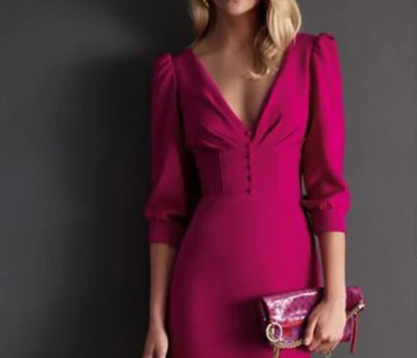 sheath / column mother of the bride dress elegant v neck knee satin 3/4 length sleeve with buttons c023, Black;red
sheath / column mother of the bride dress elegant v neck knee satin 3/4 length sleeve with buttons c023, Black;red