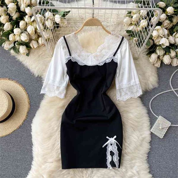 women fashion lace short-sleeved sweet bump stitched package hip mini dress summer v neck vestidos s054 210527, Black;gray
women fashion lace short-sleeved sweet bump stitched package hip mini dress summer v neck vestidos s054 210527, Black;gray