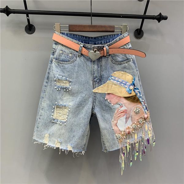 women's jeans beauty map tassel sequins beaded ripped cropped denim shorts for women western style youthful-looking straight short pant, Blue
women's jeans beauty map tassel sequins beaded ripped cropped denim shorts for women western style youthful-looking straight short pant, Blue