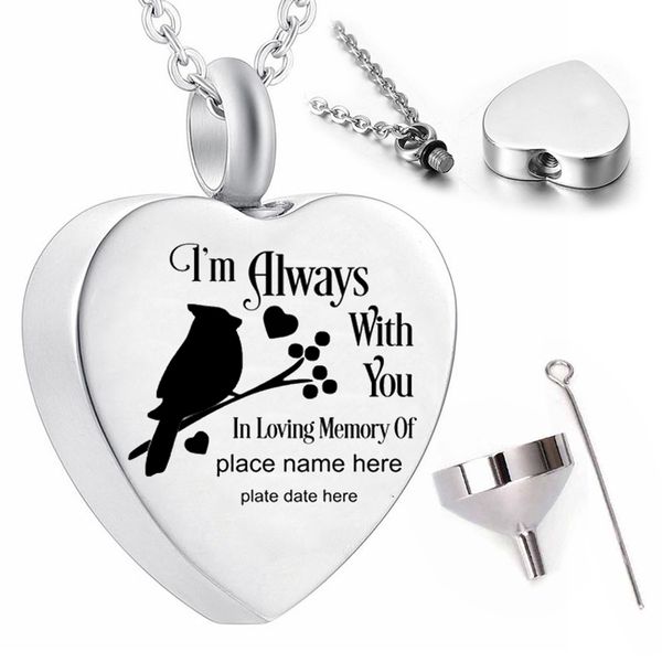 bird pendant necklace souvenir cremation jewelry heart-shaped ashes urn-i'm always with you in loving memory of place name here plate d, Silver
bird pendant necklace souvenir cremation jewelry heart-shaped ashes urn-i'm always with you in loving memory of place name here plate d, Silver
