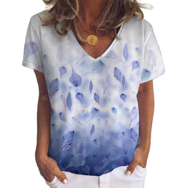 summer gradient leaf print women's tshirt casual v neck short sleeve loose plus size fashion oversize tee shirt female 210507, White 
summer gradient leaf print women's tshirt casual v neck short sleeve loose plus size fashion oversize tee shirt female 210507, White