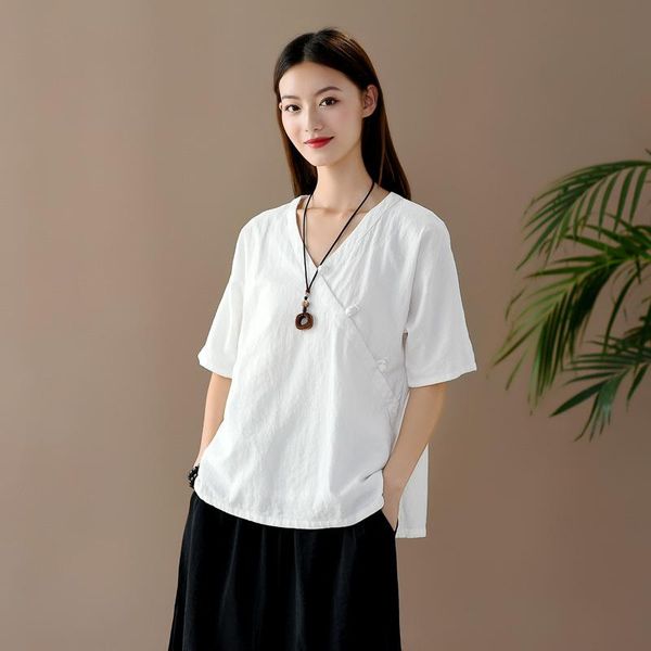 women's t-shirt 2021 summer cotton and clothes pan buckle solid color v-neck tea short, White
women's t-shirt 2021 summer cotton and clothes pan buckle solid color v-neck tea short, White