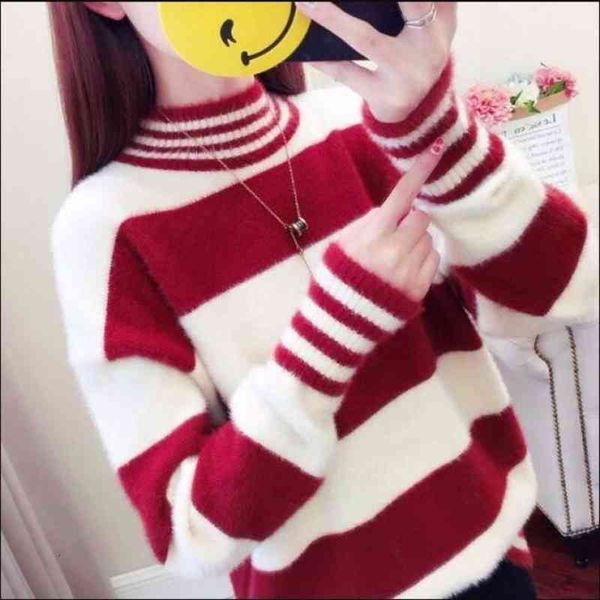 autumn and winter turtleneck warm pullover sweater womens korean style loose striped knitted sweater, White;black
autumn and winter turtleneck warm pullover sweater womens korean style loose striped knitted sweater, White;black