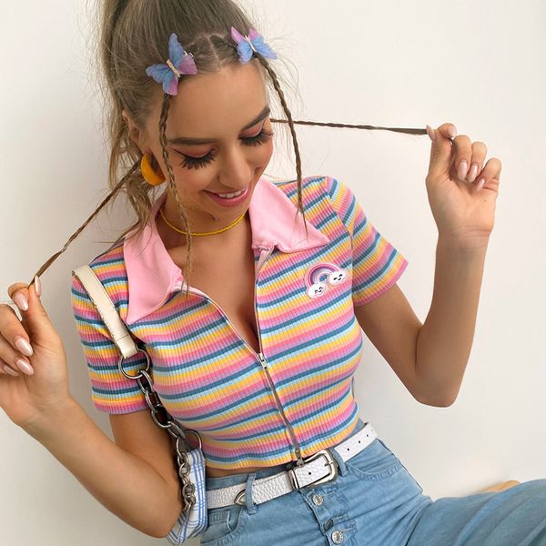 2021 summer womens t-shirt rainbow embroidered stripes slim v-neck female polo lapel short girl tee, White
2021 summer womens t-shirt rainbow embroidered stripes slim v-neck female polo lapel short girl tee, White