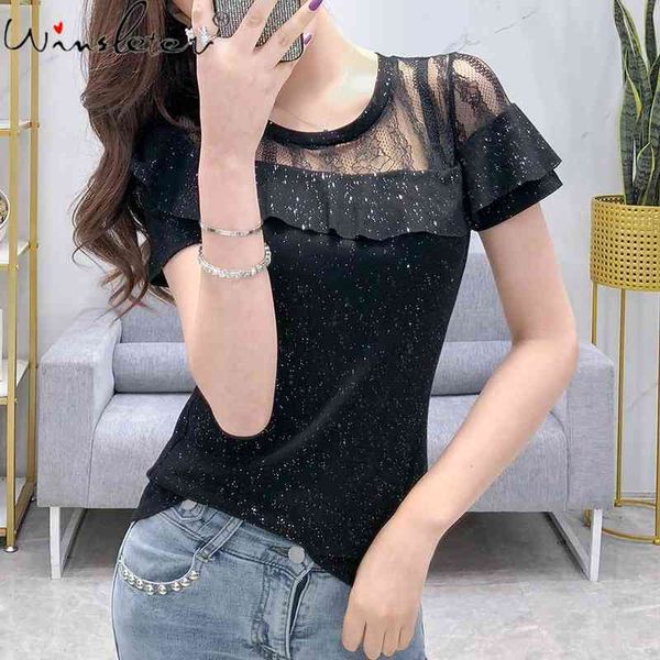 women's t-shirt summer korean clothes cotton ruffles chic o-neck patchwork lace shiny women short sleeve casual tees t13, White
women's t-shirt summer korean clothes cotton ruffles chic o-neck patchwork lace shiny women short sleeve casual tees t13, White