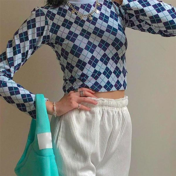 women long sleeve turtleneck t-shirt vintage argyle plaid printed pullover crop ribbed knitted slim streetwear women's, White
women long sleeve turtleneck t-shirt vintage argyle plaid printed pullover crop ribbed knitted slim streetwear women's, White