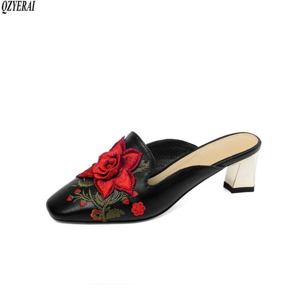 slippers spring collection genuine leather women's rose embroidery 5cm metal heels sandals cowhand shoes sizes 34-43, Black
slippers spring collection genuine leather women's rose embroidery 5cm metal heels sandals cowhand shoes sizes 34-43, Black