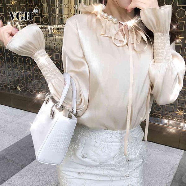 vgh gold shirts pearls ruffled collar lantern long sleeve lace up women's elegant blouses female korean autumn clothing new 210421, White
vgh gold shirts pearls ruffled collar lantern long sleeve lace up women's elegant blouses female korean autumn clothing new 210421, White
