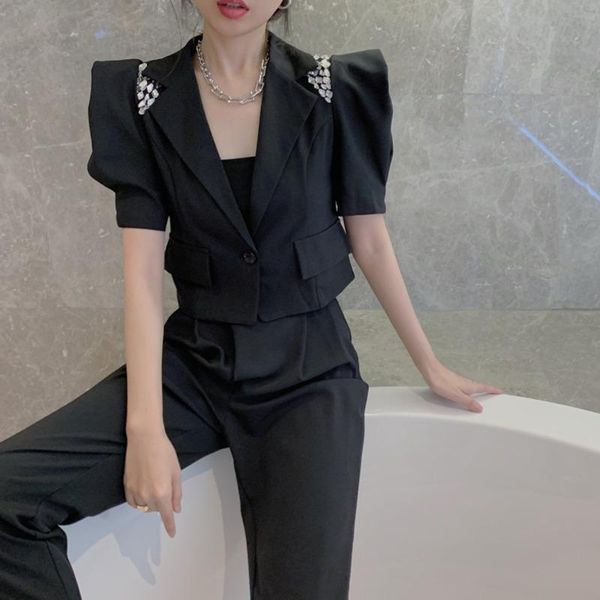 women's two piece pants korean fashion casual 2 set women beading blazer coat crop + high waist pant suits summer trousers, White
women's two piece pants korean fashion casual 2 set women beading blazer coat crop + high waist pant suits summer trousers, White
