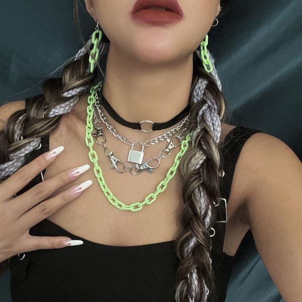 pendant necklaces halloween party fluorescent color necklace lock shape keychain multilayer chain hip hop jewelry, Silver
pendant necklaces halloween party fluorescent color necklace lock shape keychain multilayer chain hip hop jewelry, Silver