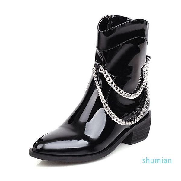 boots shoes 2021 patent leather ankle for women metal chain pointed toe female short middle high heels solid loose, Black
boots shoes 2021 patent leather ankle for women metal chain pointed toe female short middle high heels solid loose, Black