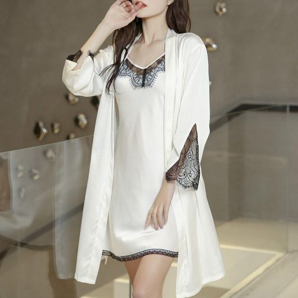 female lace flower 2pcs satin robe gown sets full sleeve kimono bathrobe nightshirt spring -xl casual night women's sleepwear, Black;red
female lace flower 2pcs satin robe gown sets full sleeve kimono bathrobe nightshirt spring -xl casual night women's sleepwear, Black;red