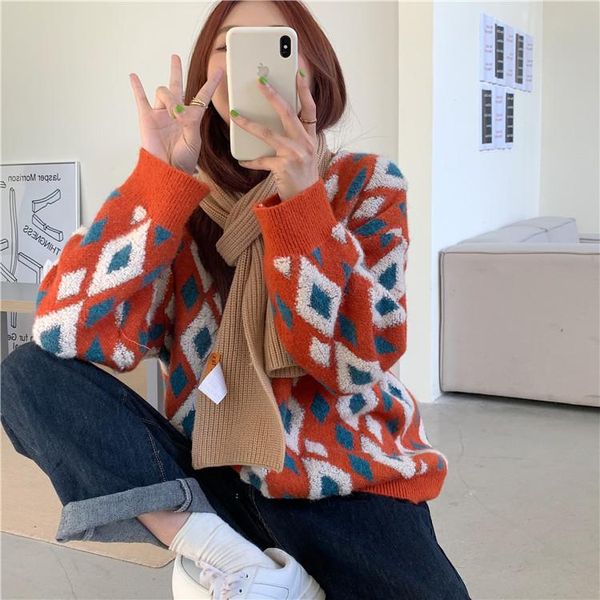 women's sweaters 2021 retro pullover diamond plaid contrast color loose large size sweater casual winter, White;black
women's sweaters 2021 retro pullover diamond plaid contrast color loose large size sweater casual winter, White;black