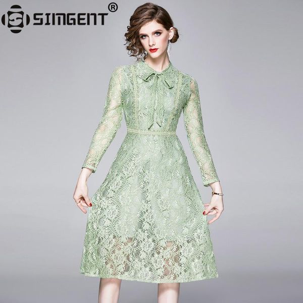simgent bow lace dress fashion 2021 spring long sleeve casual elegant party light green robe dentelle vestidos sg912092 dresses, Black;gray