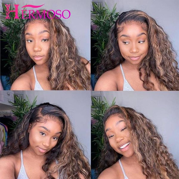 lace wigs colored curly highlight 180% brazilian loose deep wave human hair wig preplucked 4x4 closure, Black;brown 
lace wigs colored curly highlight 180% brazilian loose deep wave human hair wig preplucked 4x4 closure, Black;brown