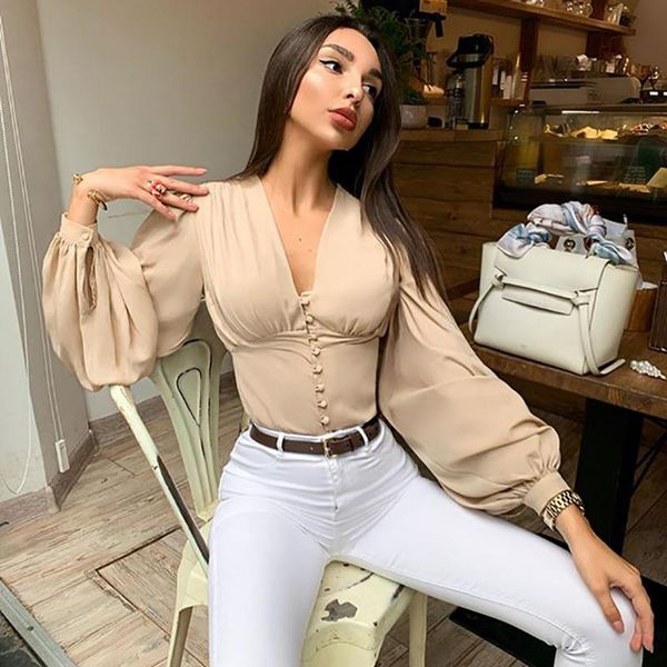 women's polos spring and autumn shirt european american solid v-neck button long sleeve bubble slim top, White
women's polos spring and autumn shirt european american solid v-neck button long sleeve bubble slim top, White