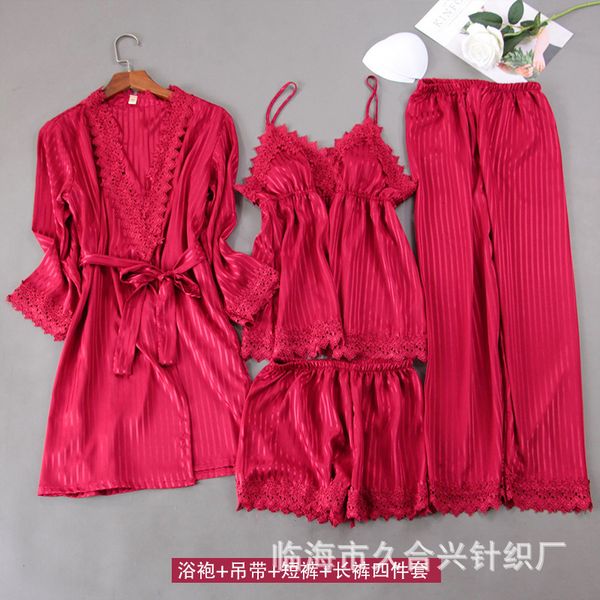 pajamas women's summer thin ice silk lace suspender robe four piece home wear with bra, Black;red
pajamas women's summer thin ice silk lace suspender robe four piece home wear with bra, Black;red
