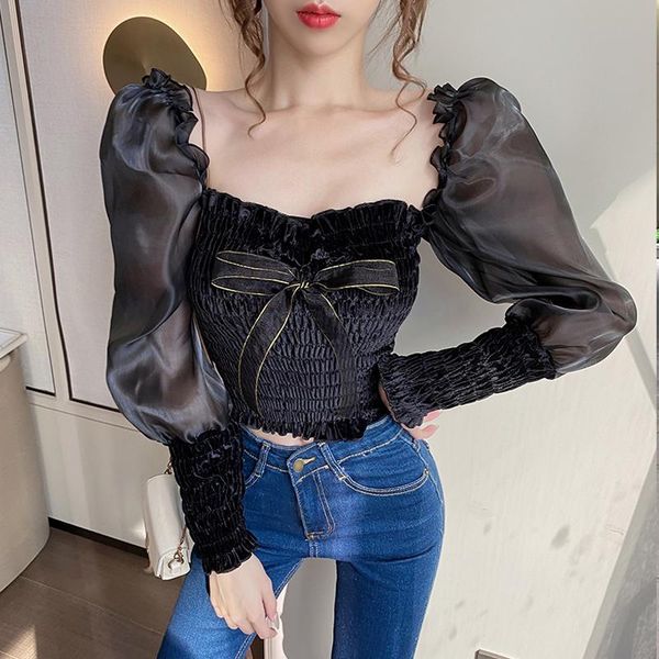women's blouses & shirts vintage temperament slim bow black square collar long-sleeved velvet blouse crop blusas camisas mujer aut, White
women's blouses & shirts vintage temperament slim bow black square collar long-sleeved velvet blouse crop blusas camisas mujer aut, White